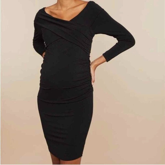 Motherhood Maternity Off The Shoulder Long Sleeve Ruched Black Dress Small - Picture 1 of 11